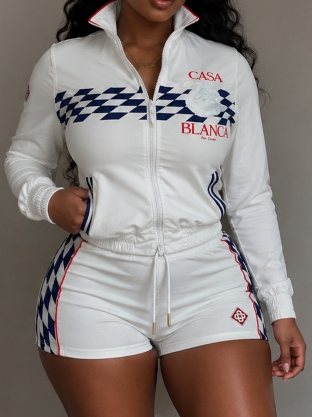 Casa Blanca Women’s White Zip-Front Track Jacket with Navy Check Panel